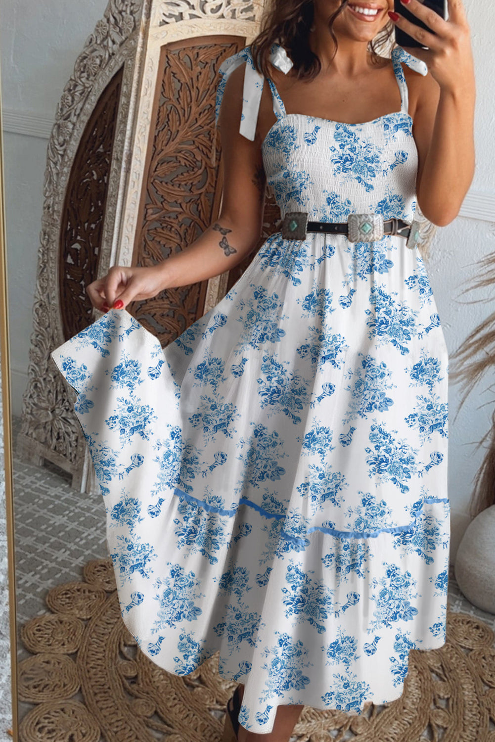 Sky Blue Floral Print Shirred Knot Shoulder Sleeveless Long Dress Belle Diosa Sky Blue Floral Print Shirred Knot Shoulder Sleeveless Long Dress Belle Diosa