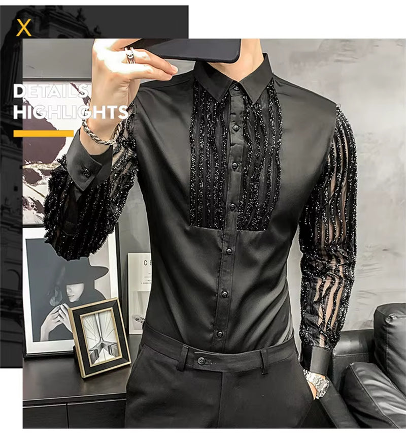 Lace Hollow Shirts for Men Long Sleeve Slim Fit Streetwear