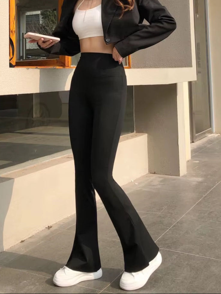 Women Shark Flared Pants Black Elastic Slim High Waist