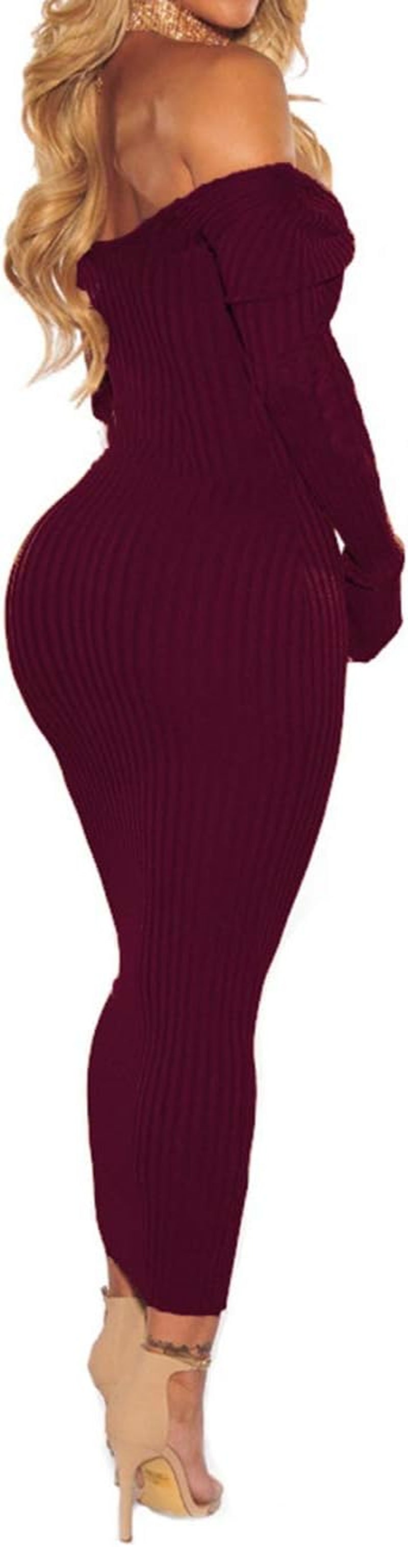 Women'S off Shoulder Long Sleeves Bodycon Sweater Dress Sexy Knit Slim Cardigans