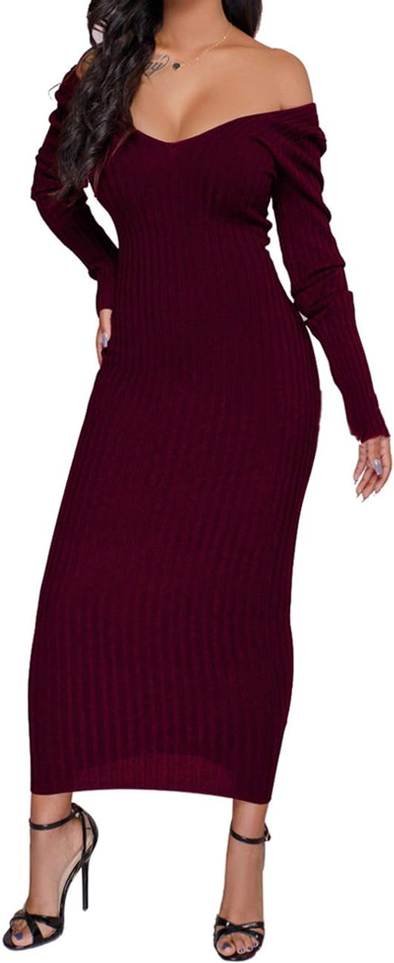 Women'S off Shoulder Long Sleeves Bodycon Sweater Dress Sexy Knit Slim Cardigans