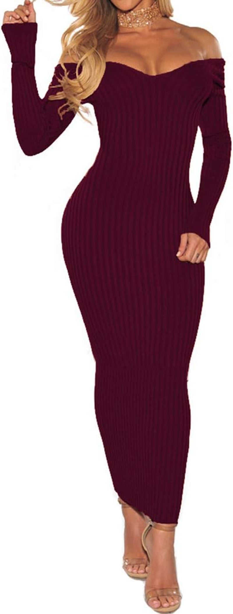 Women'S off Shoulder Long Sleeves Bodycon Sweater Dress Sexy Knit Slim Cardigans