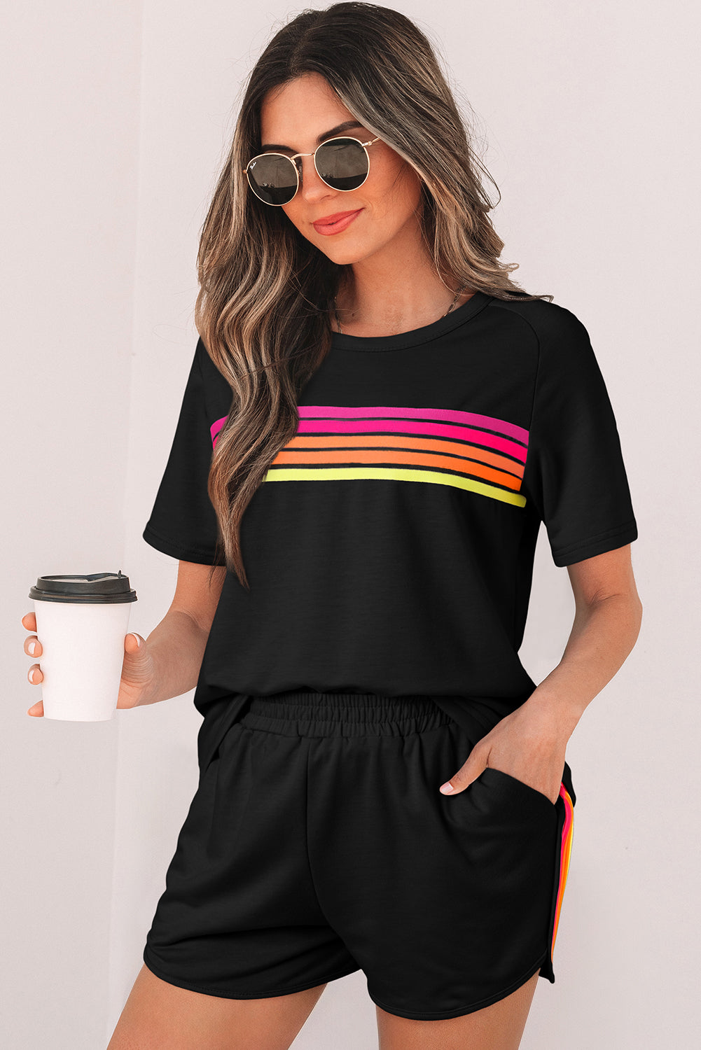 Black Striped Patch Front Casual Tee