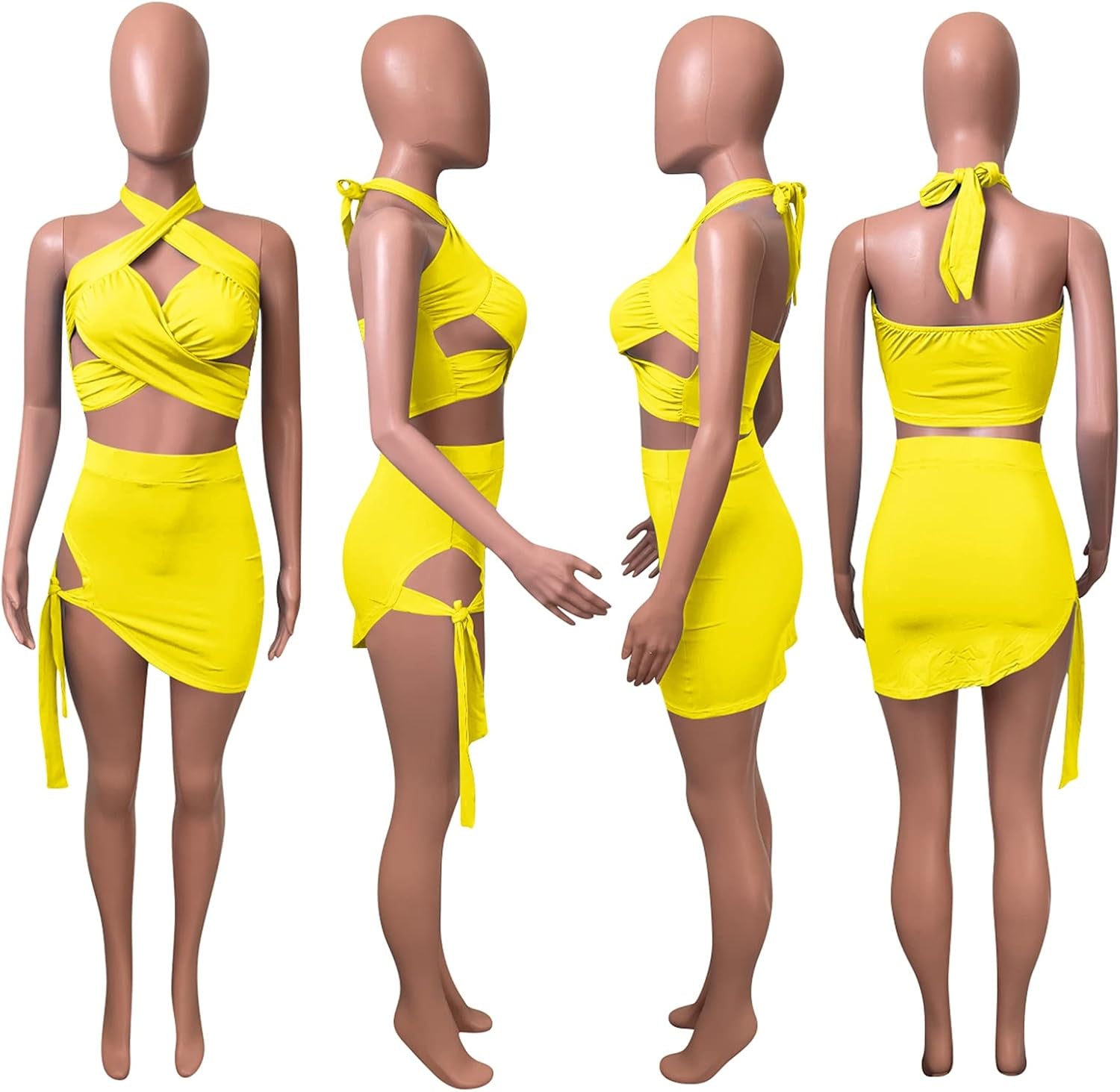 Sexy 2 Piece Bandage Outfits for Women Summer Sleeveless Hollow Out Top Cutout Bodycon Midi Party Dress Sets Yellow