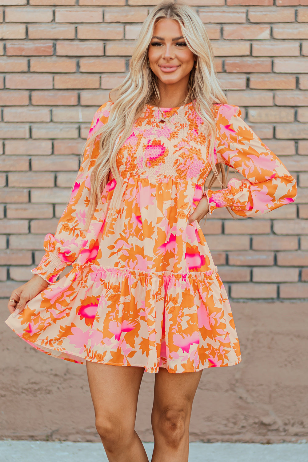 Orange Abstract Print Smocked Lantern Sleeve Ruffle Mini Dress Belle Diosa Orange Abstract Print Smocked Lantern Sleeve Ruffle Mini Dress Belle Diosa