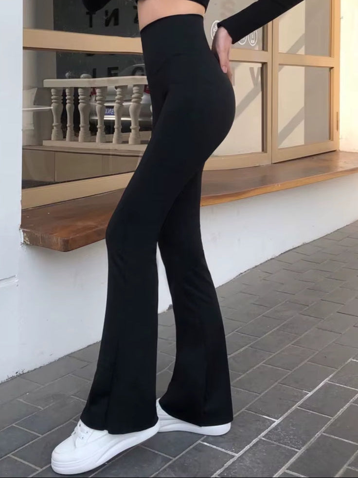 Women Shark Flared Pants Black Elastic Slim High Waist