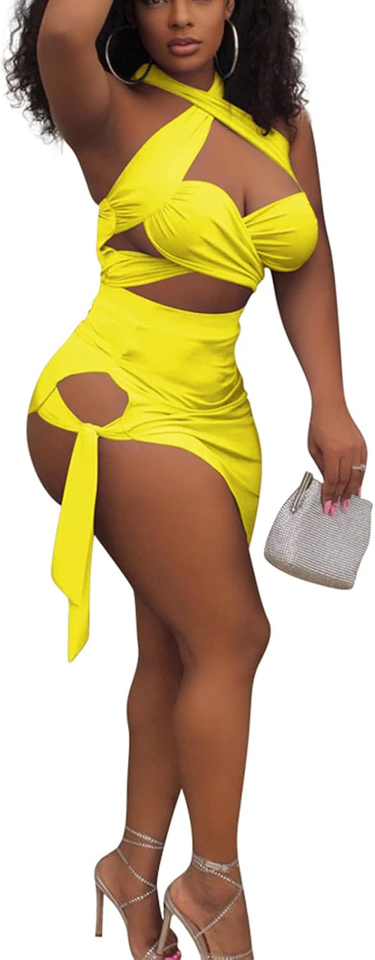 Sexy 2 Piece Bandage Outfits for Women Summer Sleeveless Hollow Out Top Cutout Bodycon Midi Party Dress Sets Yellow