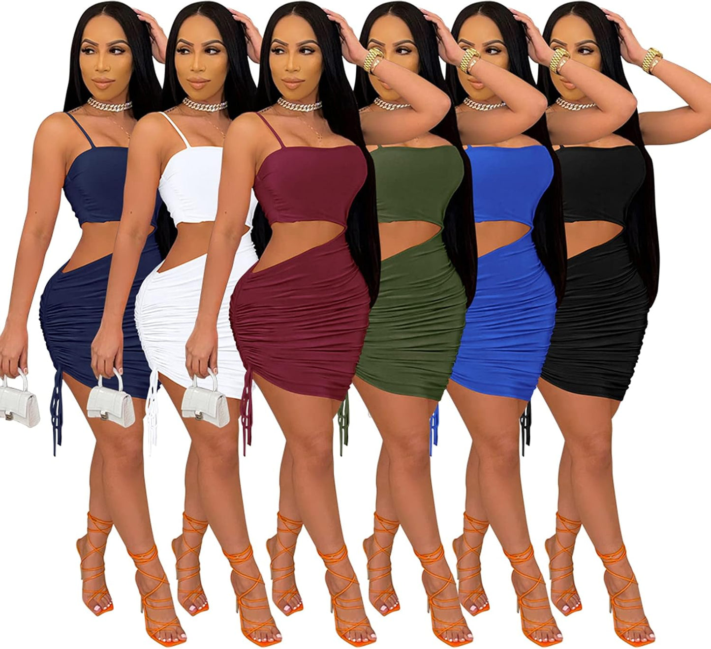Women'S Sexy Party Dress Sleeveless Spaghetti Strap Cutout Ruched Bodycon Mini Clubwear