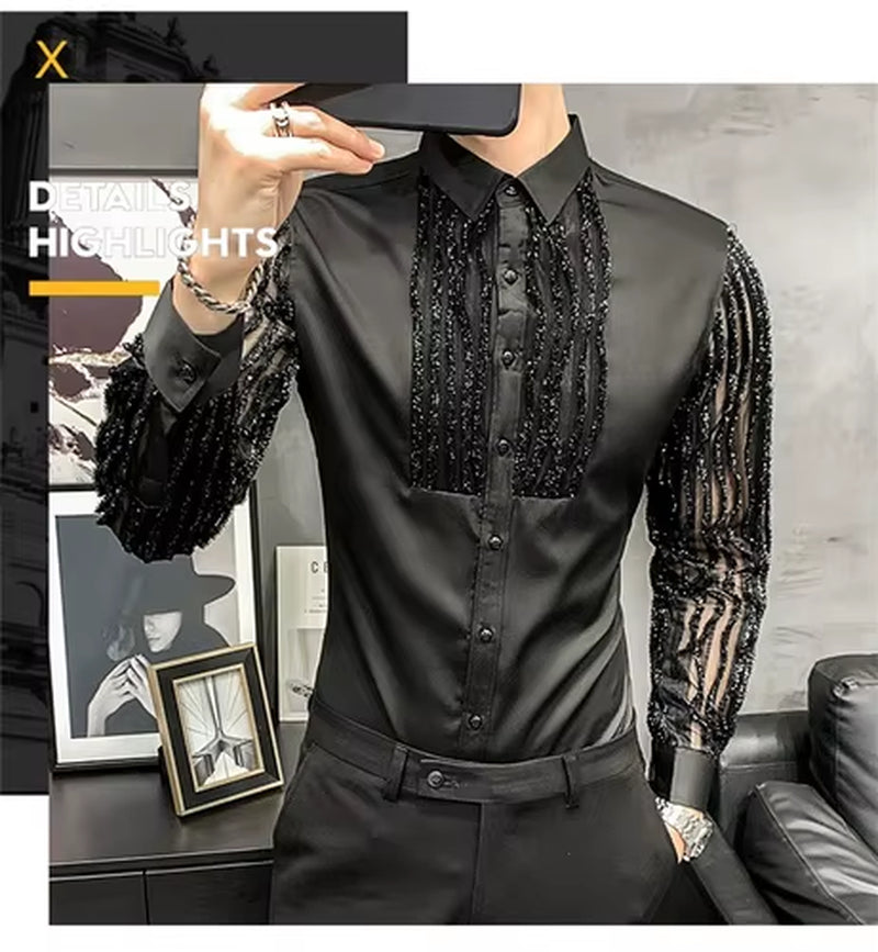 Lace Hollow Shirts for Men Long Sleeve Slim Fit Streetwear