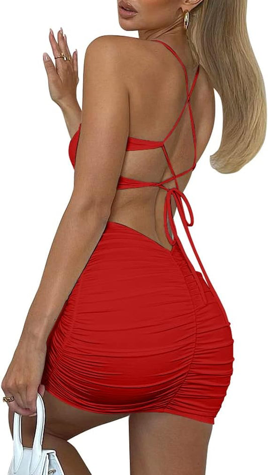 Women'S Sexy Backless Spaghetti Strap Sleeveless Ruched Bodycon Mini Club Dress