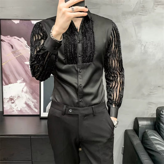 Lace Hollow Shirts for Men Long Sleeve Slim Fit Streetwear