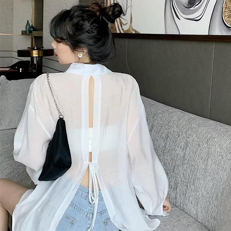 Shirt Women Solid Summer Hot Sheer Bandage Sun-Proof