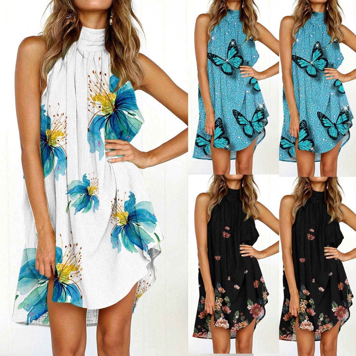 Summer Halter Dresses for Women Sleeveless Beach Mini Dress Floral Print Loose Pleated Dress Sundress
