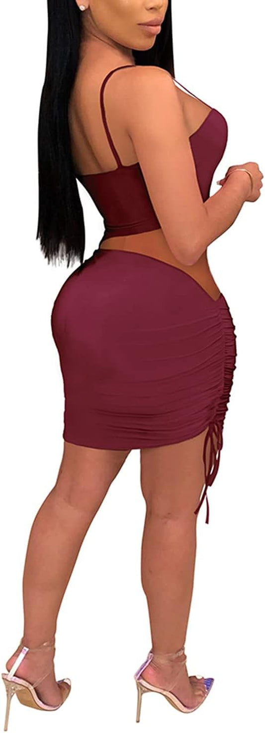 Women'S Sexy Party Dress Sleeveless Spaghetti Strap Cutout Ruched Bodycon Mini Clubwear