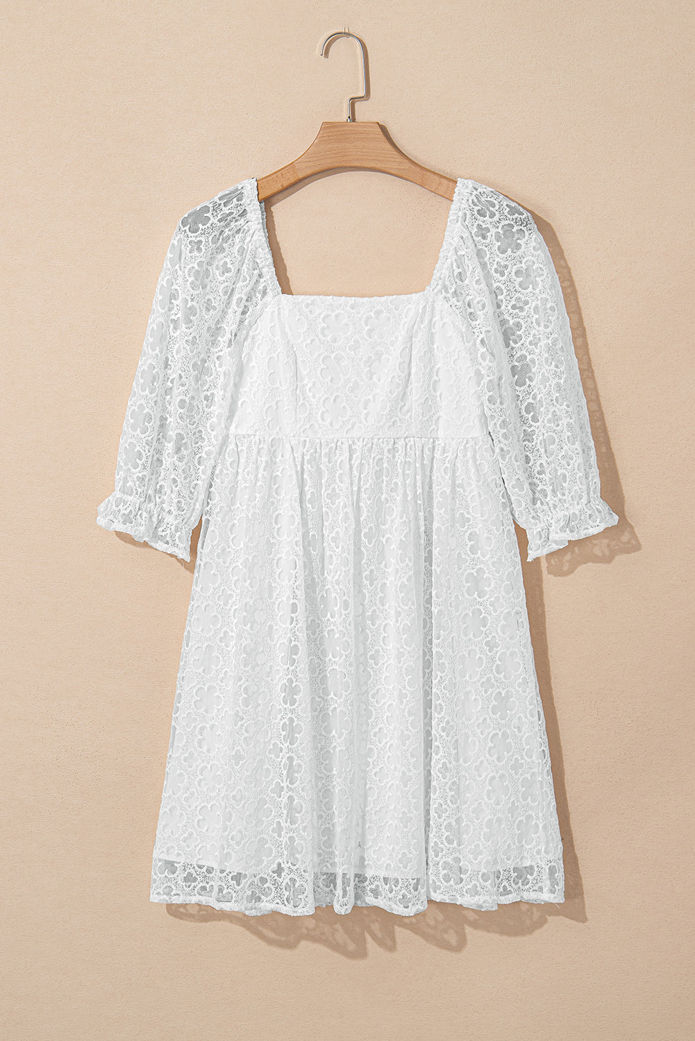 White Floral Lace Puff Sleeve Empire Waist Mini Dress