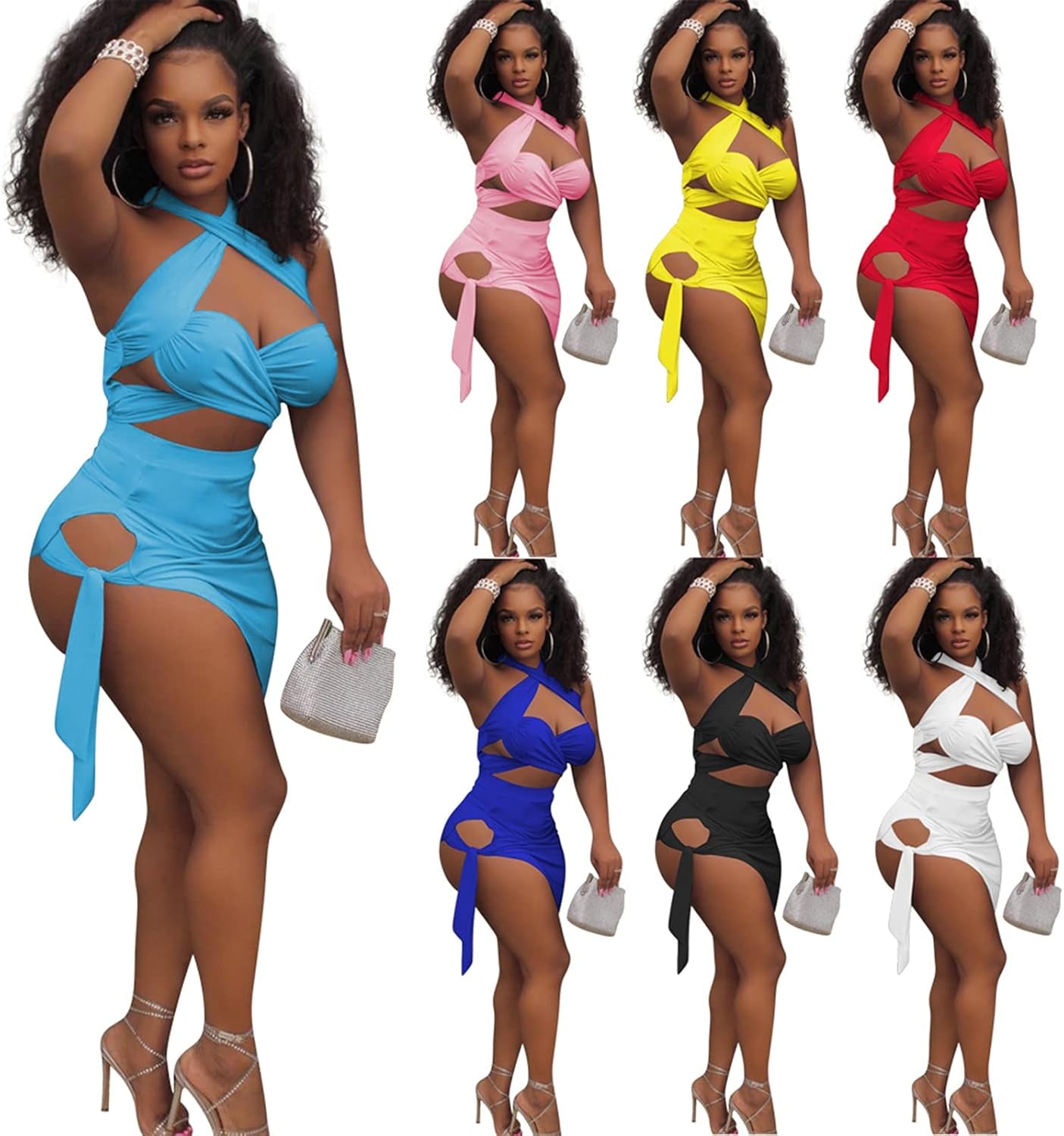 Sexy 2 Piece Bandage Outfits for Women Summer Sleeveless Hollow Out Top Cutout Bodycon Midi Party Dress Sets Yellow