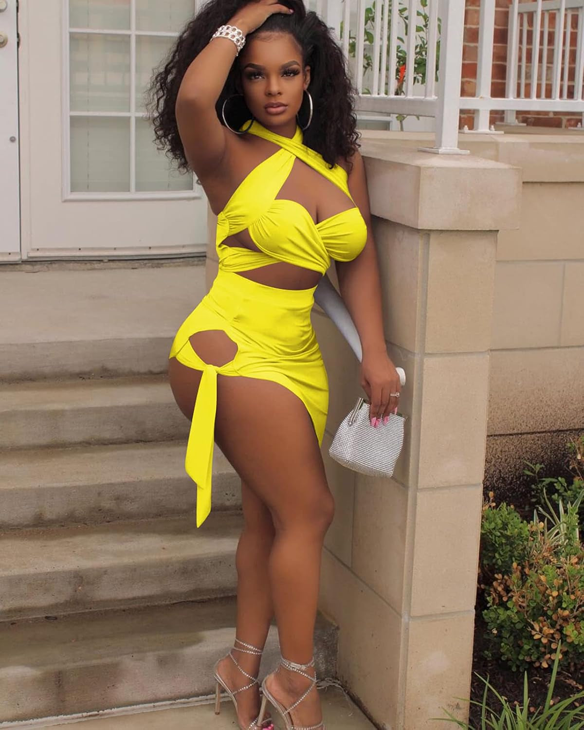 Sexy 2 Piece Bandage Outfits for Women Summer Sleeveless Hollow Out Top Cutout Bodycon Midi Party Dress Sets Yellow