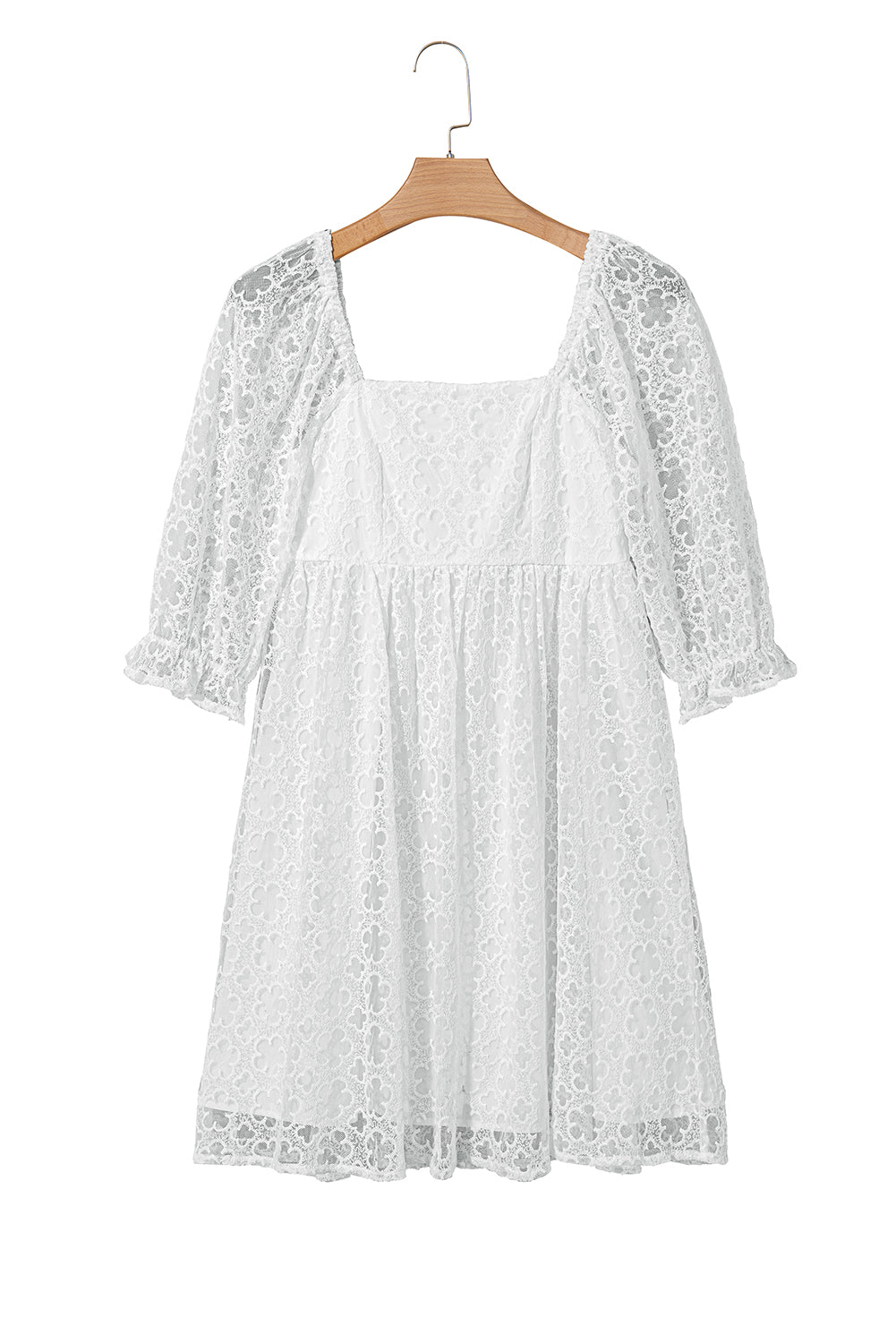 White Floral Lace Puff Sleeve Empire Waist Mini Dress