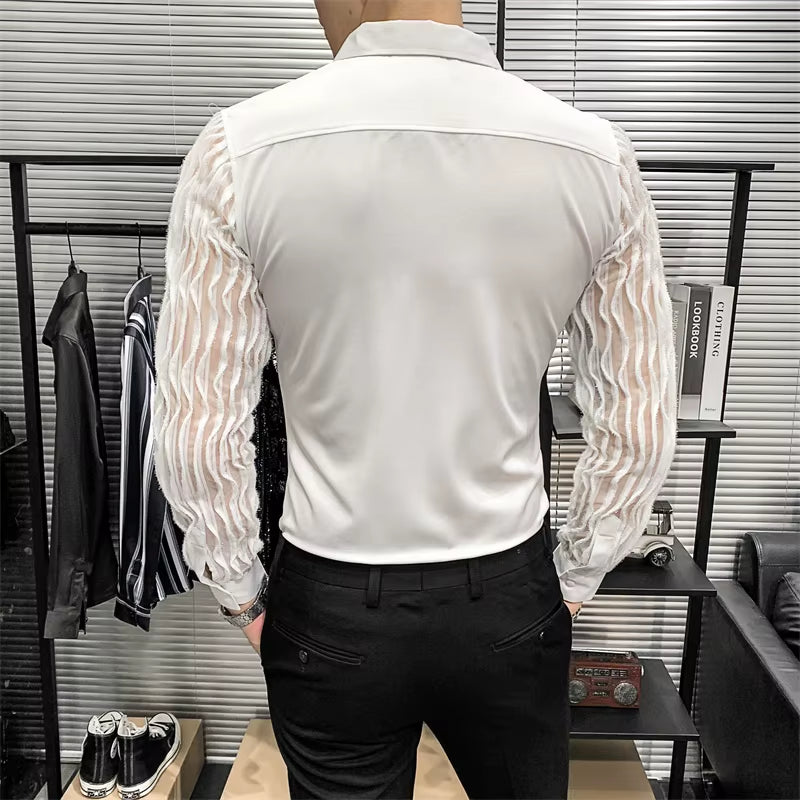 Lace Hollow Shirts for Men Long Sleeve Slim Fit Streetwear