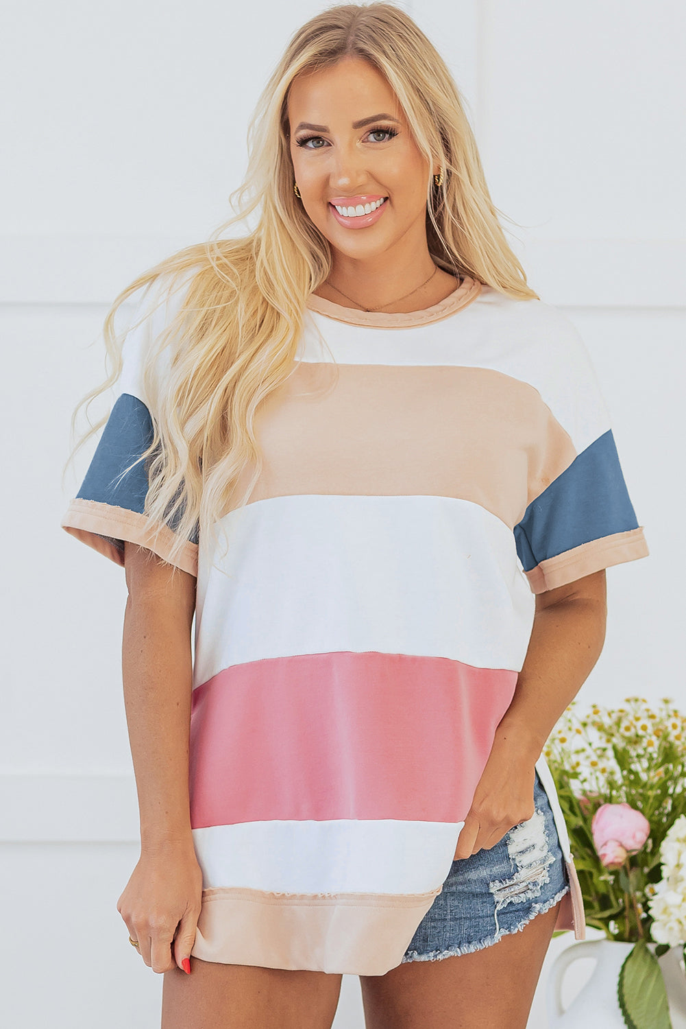 Multicolour Colorblock Patchwork Side Split Tunic T Shirt