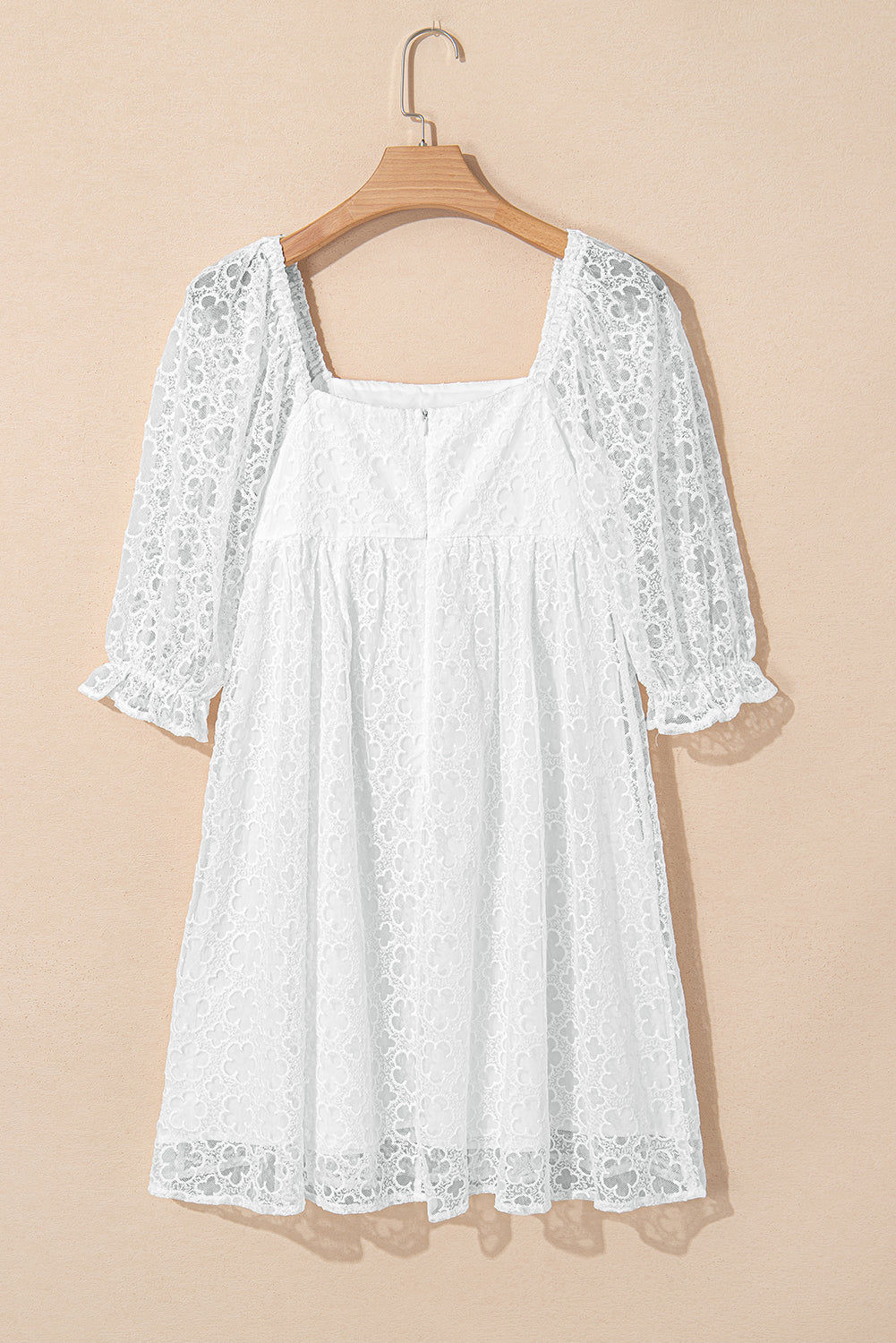 White Floral Lace Puff Sleeve Empire Waist Mini Dress