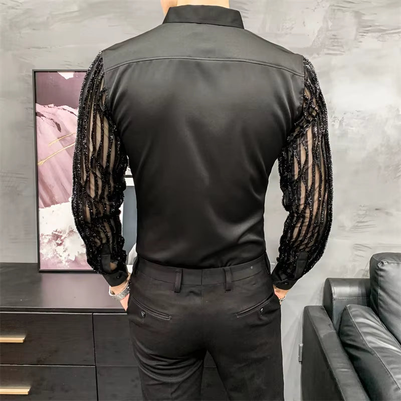 Lace Hollow Shirts for Men Long Sleeve Slim Fit Streetwear
