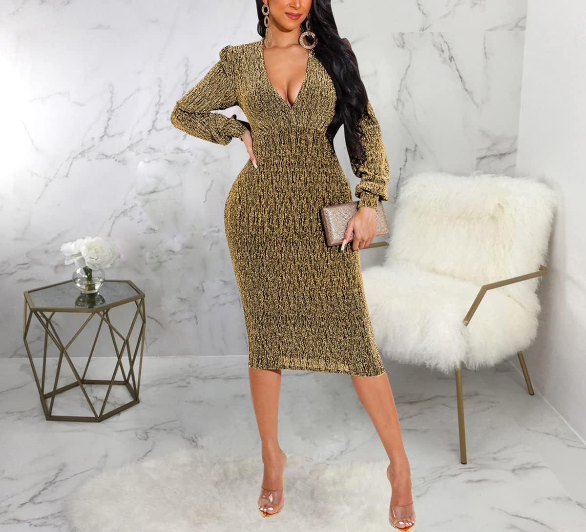 Women'S Glitter Sequin Dress Long Sleeve Cocktail Party Sparkly Midi Dresses Clubwear