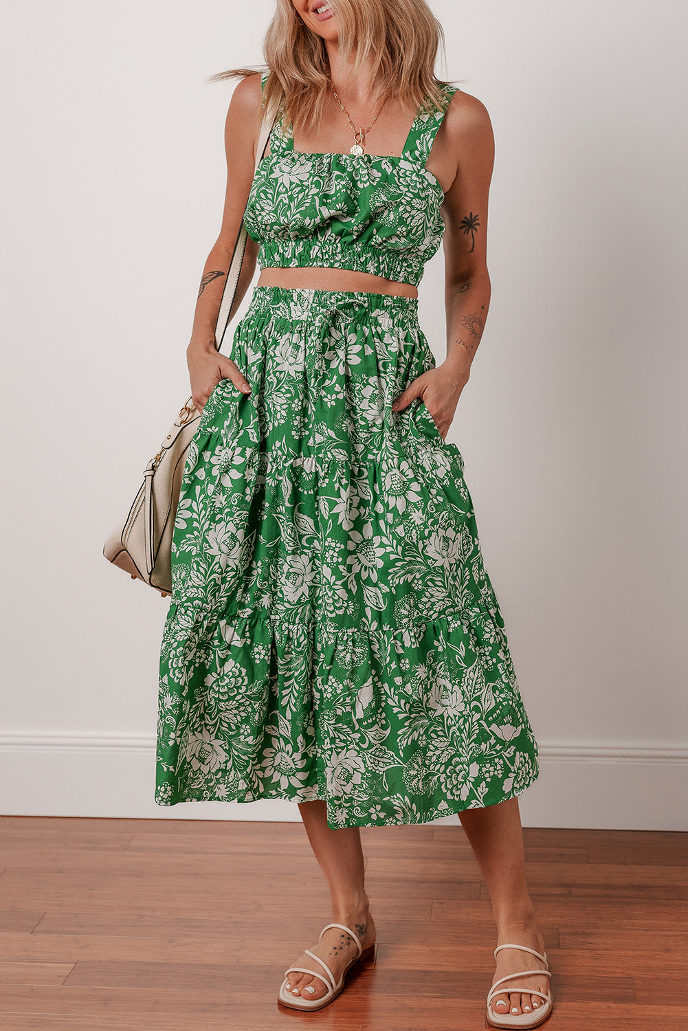 Green Floral Print Shirred Crop Top and High Waist Midi Skirt Set