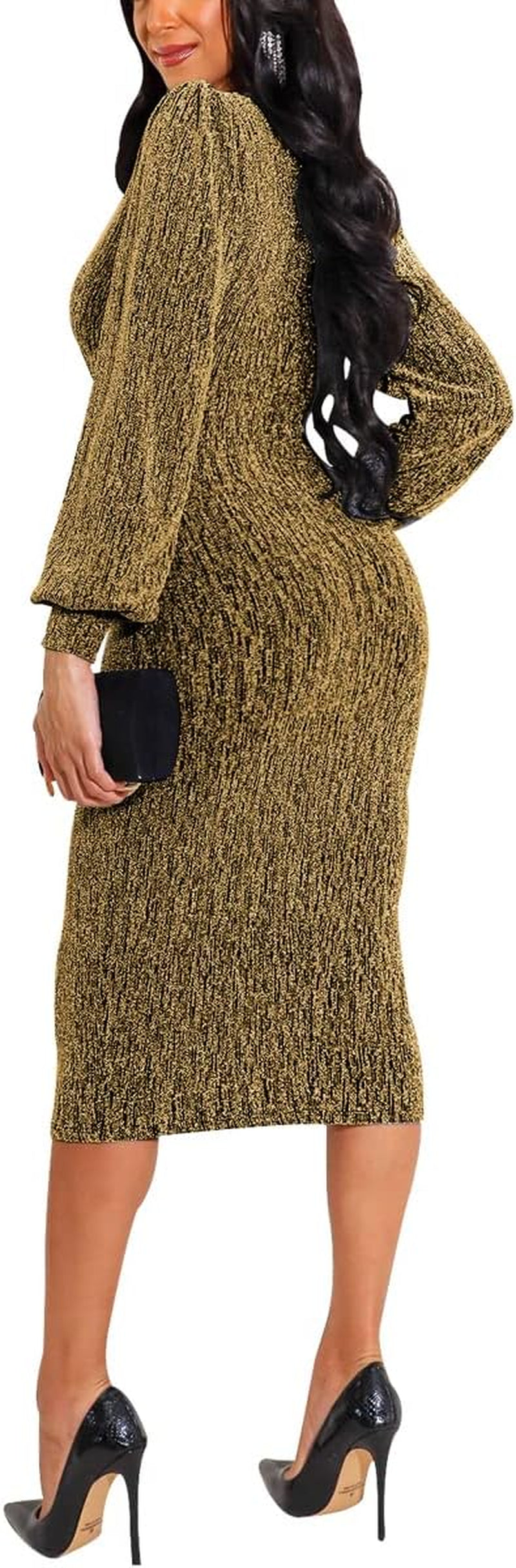 Women'S Glitter Sequin Dress Long Sleeve Cocktail Party Sparkly Midi Dresses Clubwear