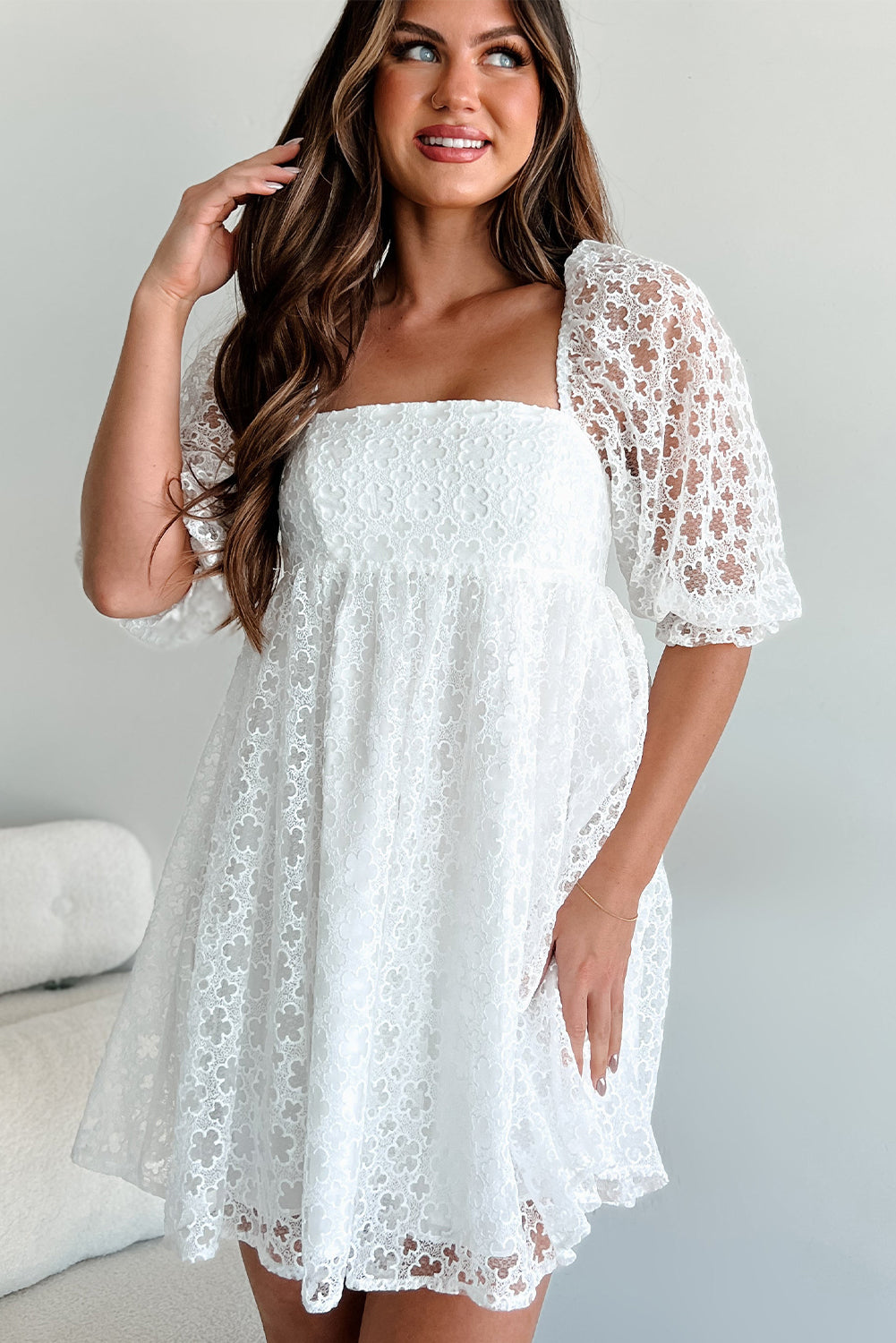 White Floral Lace Puff Sleeve Empire Waist Mini Dress