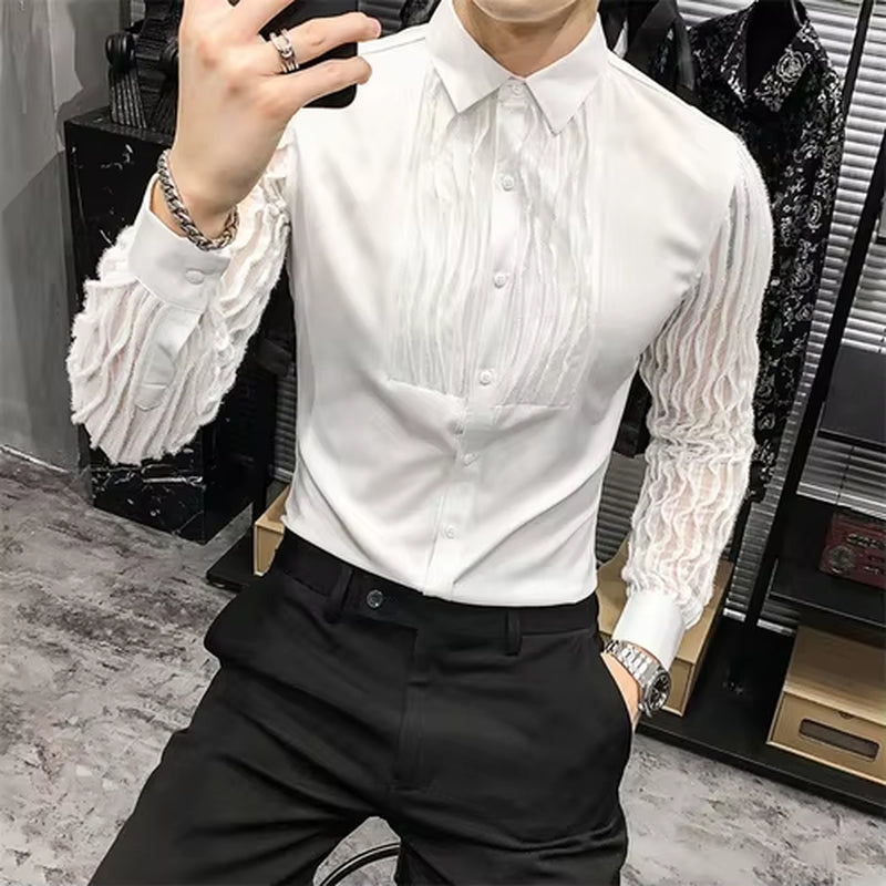 Lace Hollow Shirts for Men Long Sleeve Slim Fit Streetwear