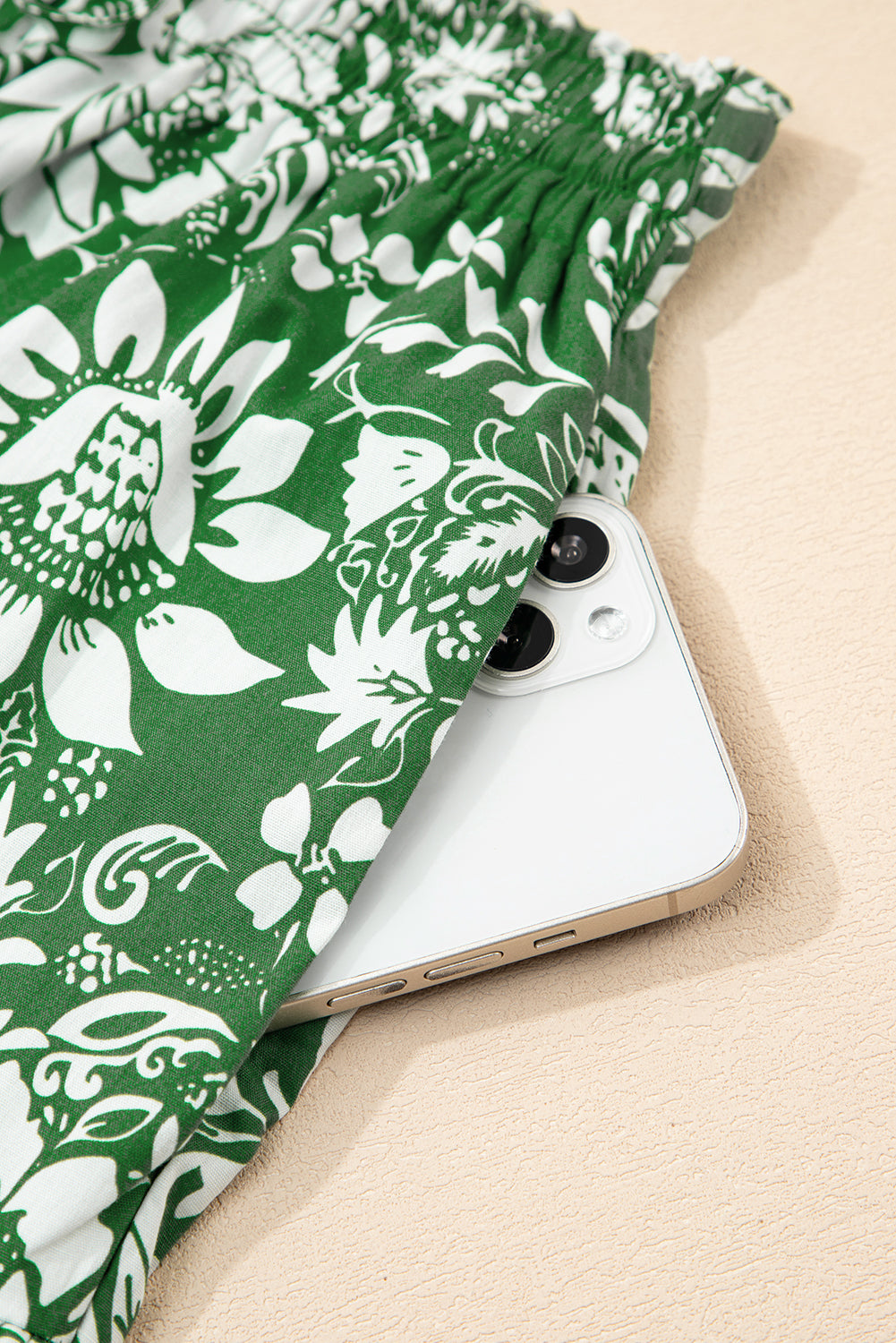 Green Floral Print Shirred Crop Top and High Waist Midi Skirt Set